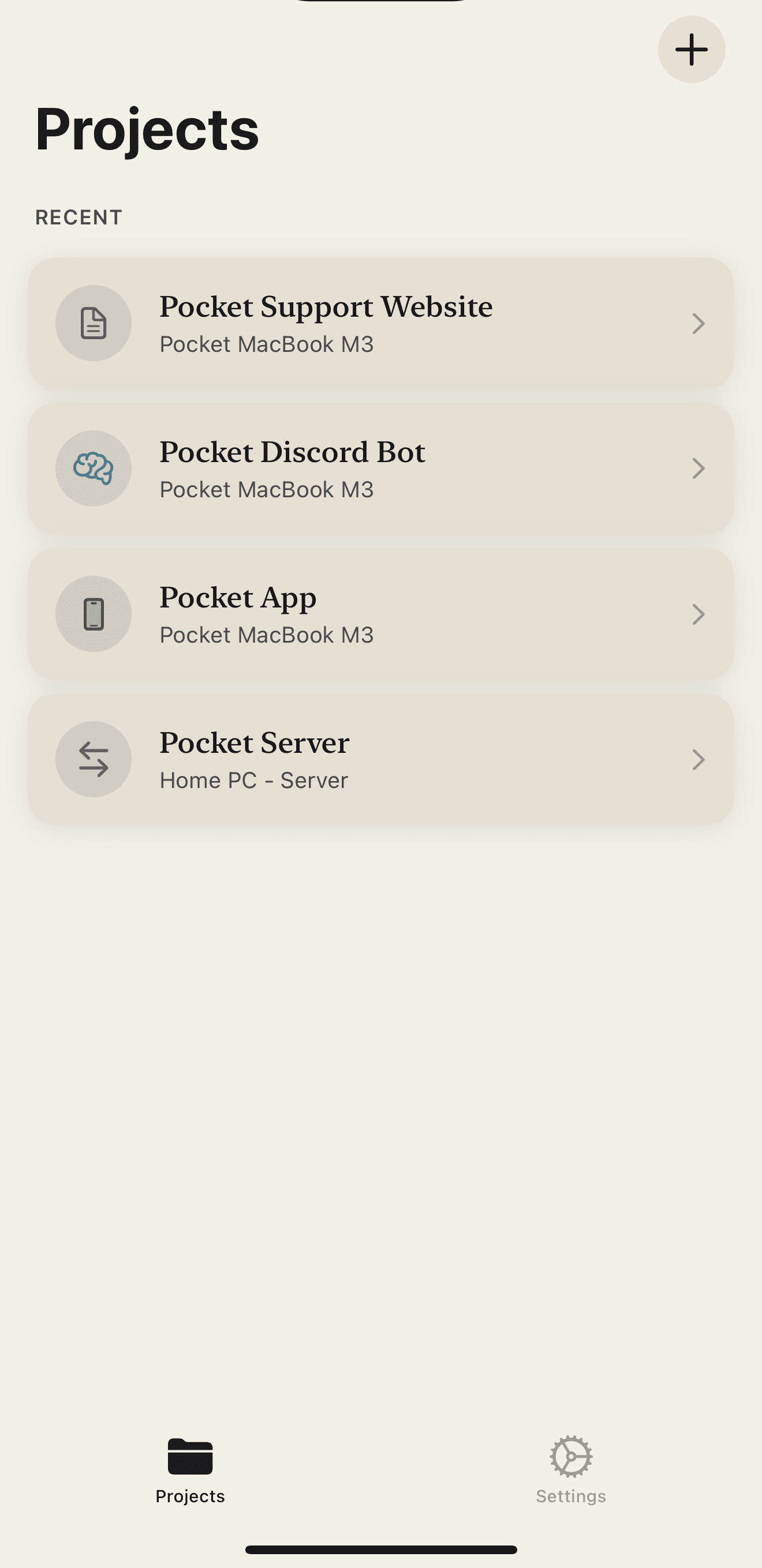 Pocket app showing project list with Pocket Support Website, Pocket Discord Bot, Pocket App, and Pocket Server